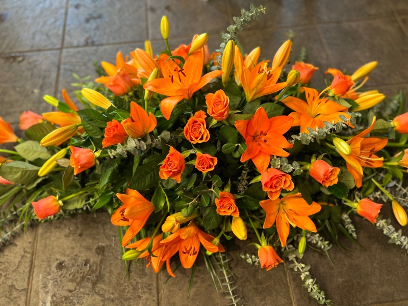 Orange Rose and Lily Casket Spray