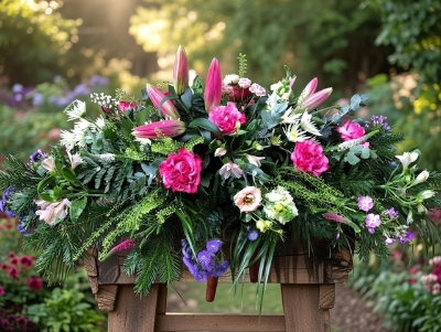 Cerise Pink, Purples and Creams casket spray