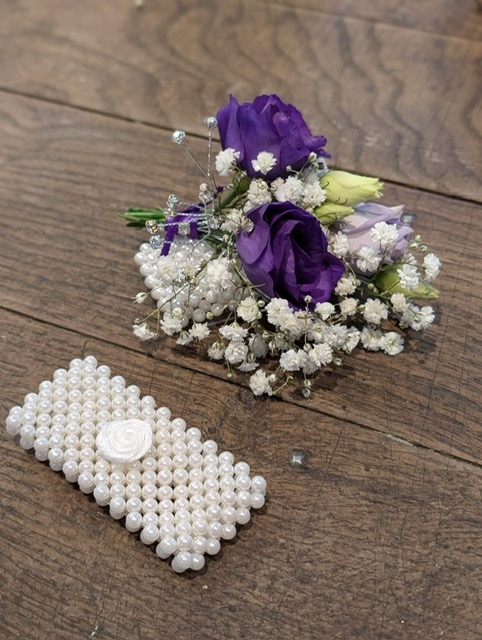 Purple and White corsage
