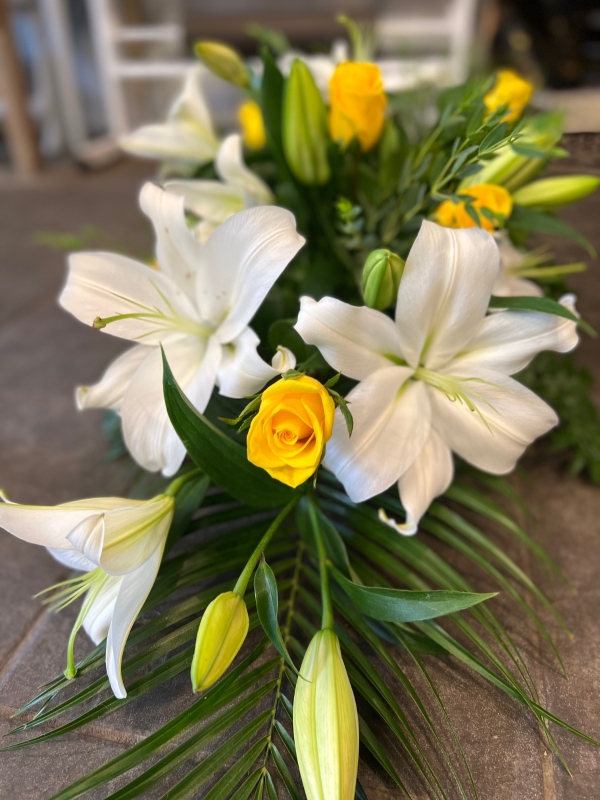 Rose and Lily teardrop spray   Yellow and White
